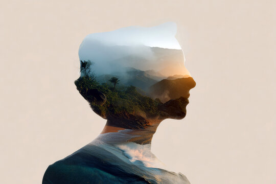 Double exposure silhouette of a human profile with coastal landscape overlay for nature themed poster and background design