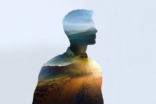 Silhouette portrait double exposure of landscape and sky for creative poster background and conceptual design