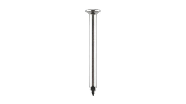 Single Metal Nail, Shiny Steel Fastener, Sharp Pointed Pin, Construction Hardware, DIY Project Tool, Isolated on White Background