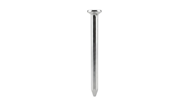 Single Silver Metal Nail, Construction Fastener, DIY Hardware, Woodworking Tool, Isolated on White Background, Macro Detail