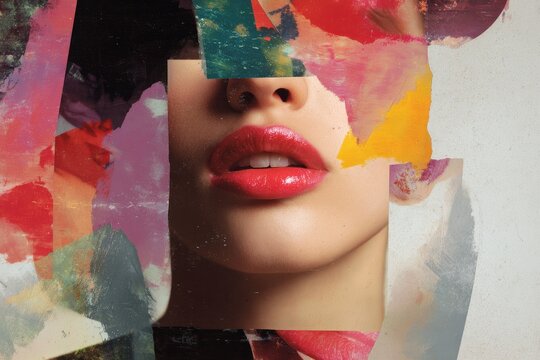 Fashion editorial collage of layered magazine fragments highlighting glossy lips and colorful torn paper for beauty poster and advertising layout