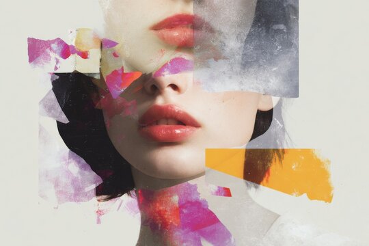 Fashion editorial collage of layered magazine fragments and closeup portrait with torn paper textures for beauty poster and magazine layout design