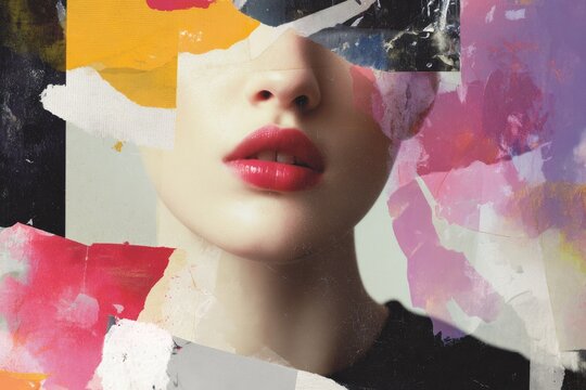 Fashion editorial torn magazine collage featuring a female portrait with bold red lips and colorful painted paper layers for beauty background and poster design
