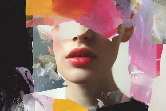 Fashion editorial collage of torn magazine layers featuring red lips and textured paper for magazine cover, poster and editorial layout