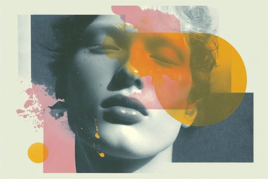 Fashion editorial portrait collage with geometric overlays and pastel color splashes for magazine background and poster design