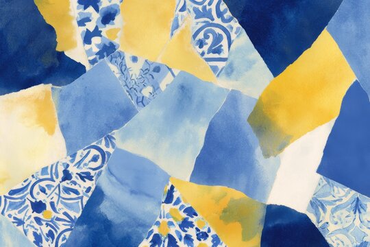 Fractured ceramic tile collage with blue and yellow watercolor shards for mediterranean mosaic background and surface pattern