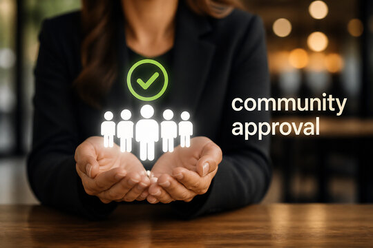 A person in a suit holds hands with icons representing community approval over a wooden table.