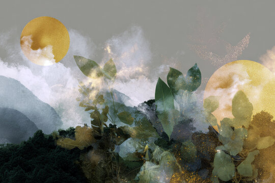 Mystical forest collage with layered foliage mist and gold moons for background poster and wallpaper design