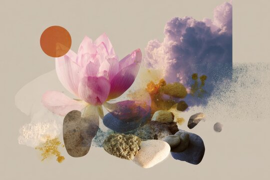 Natural harmony botanical collage with layered petals, stones and clouds for serene background and wellness poster design