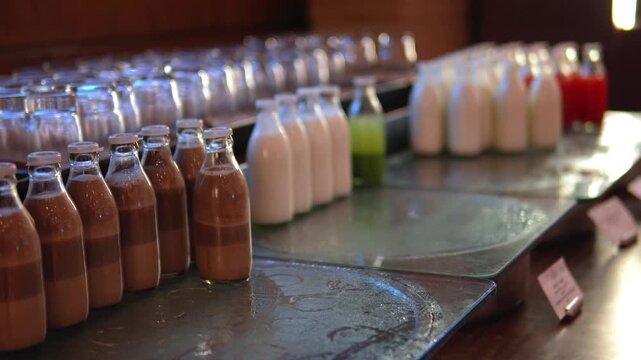 Rows of Fresh Chocolate and Milk Bottles Displayed on Beverage Production Line in Factory