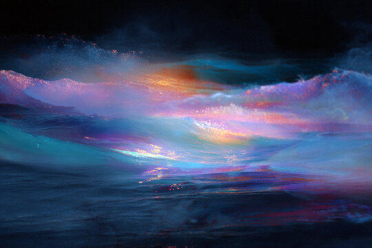 Psychedelic glowing ocean abstract wave background with iridescent colors for poster and wallpaper design