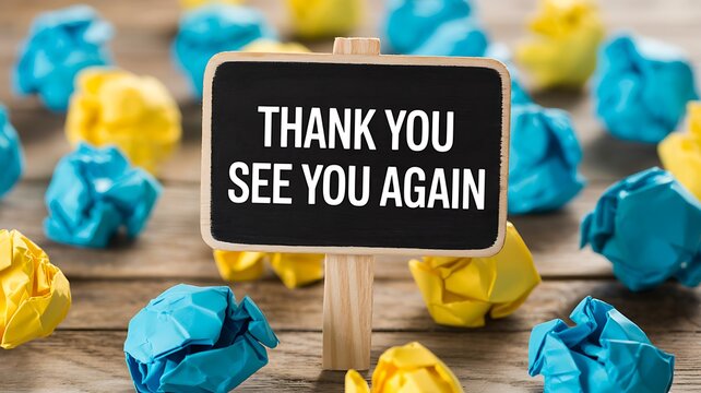 Thank you see you again sign surrounded by colorful crumpled paper