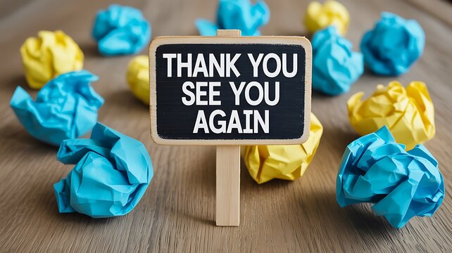 Thank you see you again sign surrounded by colorful crumpled paper