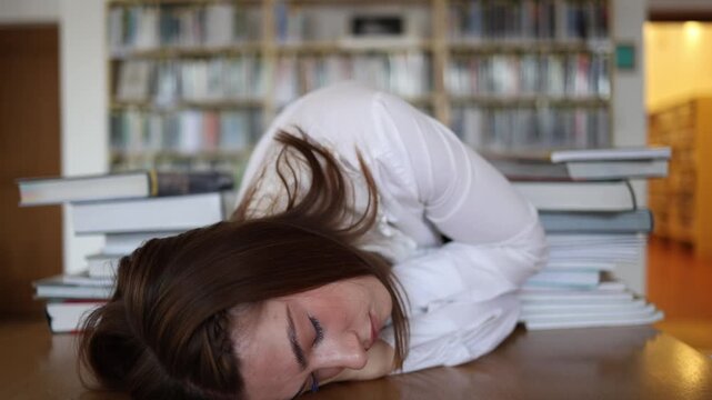 Exhausted student falls asleep on a desk after hours of intense studying surrounded by stacks of books while fatigue and academic overload finally overcome her focus hard