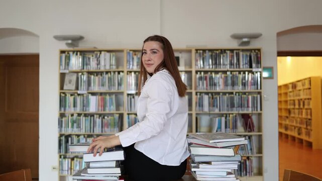 Happy student stands among library book smiling with pride and enjoying the learning process as education new knowledge and personal growth bring her genuine satisfaction