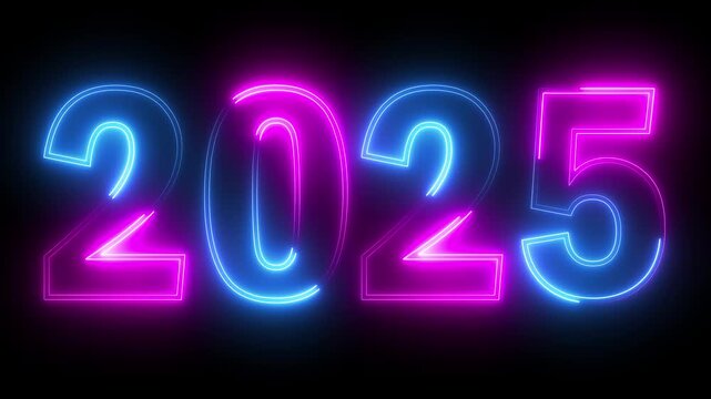 glowing neon pink and blue color new year 2025 number text icon animation season digit celebrate banner event wishes party anniversary on black background