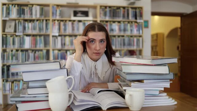 Tired university student sits surrounded by books in a library losing concentration after hours of studying and struggling to memorize material for an upcoming exam