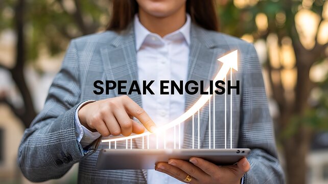 Professional using tablet with speak english message for language learning and communication