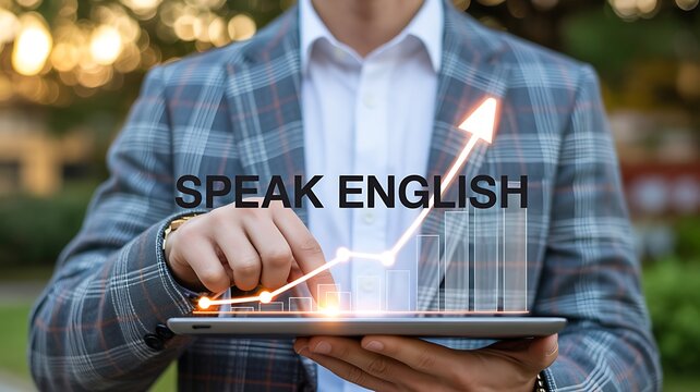 Professional using tablet with speak english message for language learning and communication