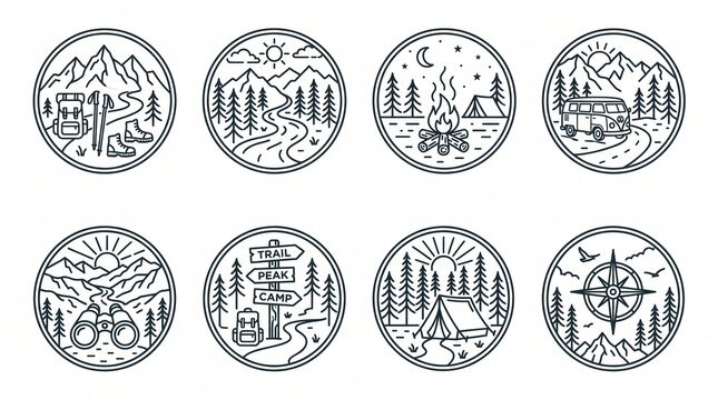 Minimalist outdoor adventure badges, 8 circular mountain line art icons, vintage camping and hiking nature emblems