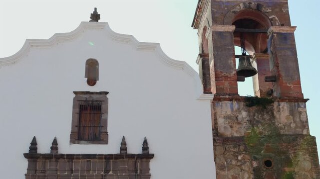 Historic Antigua Capilla de San Antonio de Padua In The Colonial Town Of Tapalpa, Jalisco, Mexico. Pan Up Shot