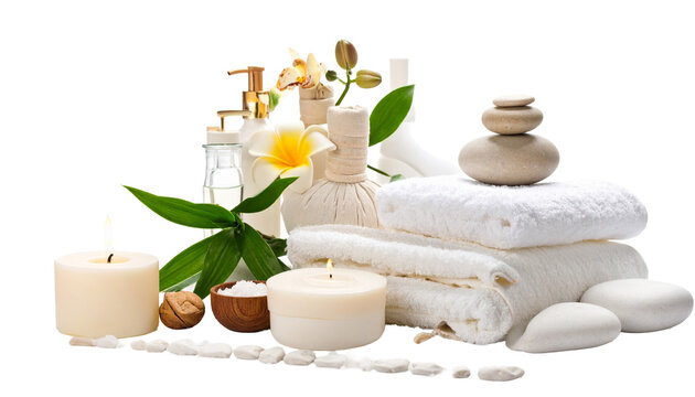 Spa Treatment Still Life: Candles, Stones, Towels, and Oils