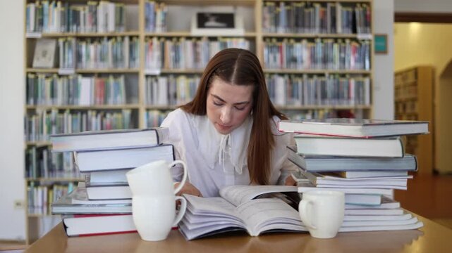 Stressed university student studies among stacks of books in a library preparing for difficult exams and reviewing academic material while managing an intense study workload