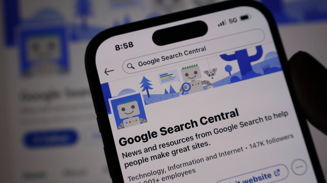 Google search central linkedin page on smartphone screen showing seo news and web development resources for digital marketing.
