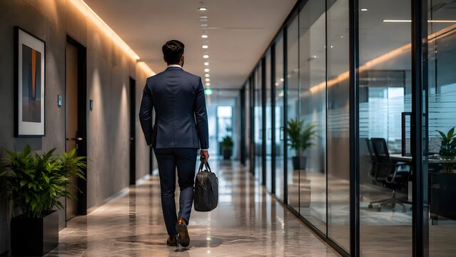 Professional businessman in dark suit walking down a modern corporate hallway holding his leather briefcase daily
