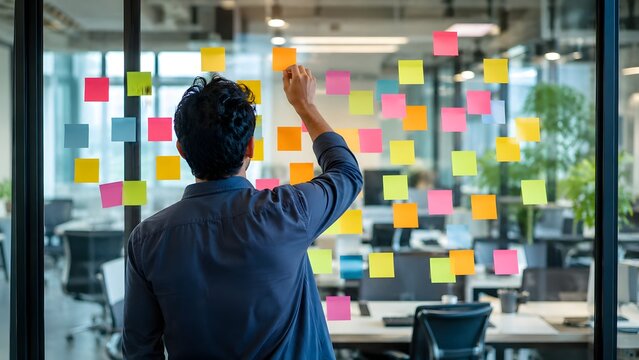 Professional business man placing colorful sticky notes on a glass wall inside a modern office space