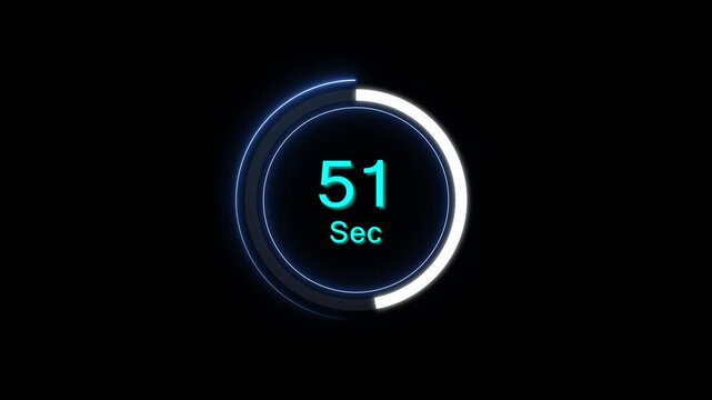 Digital circular countdown timer with neon glow effect, 51 seconds progress bar overlay for ui and motion