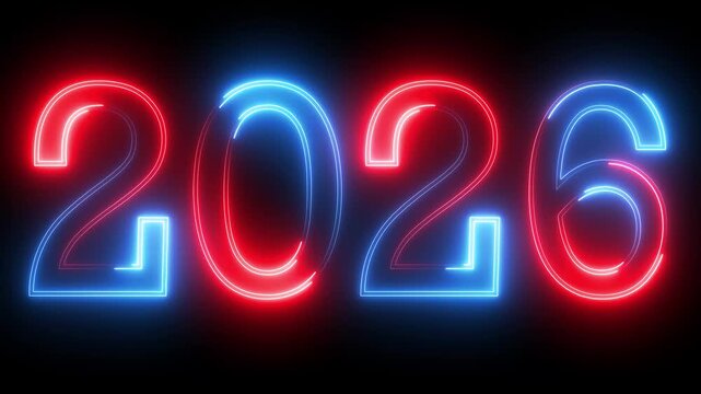 glowing neon red and blue color new year 2026 number text icon animation season digit celebrate banner event wishes party anniversary on black background