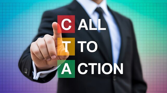 Business professional presenting a call to action concept with colorful digital typography