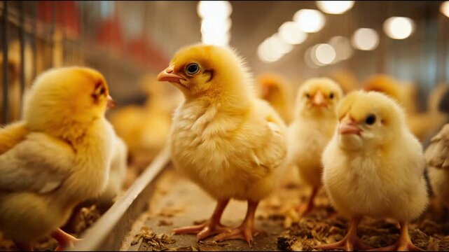 Small yellow newborn chicks standing close together inside a large industrial poultry farm