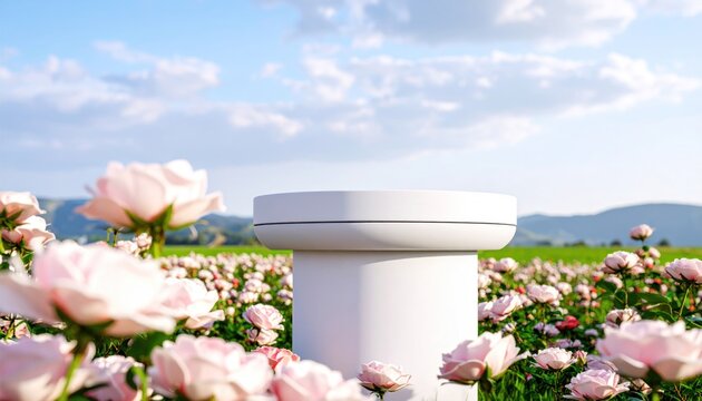 Elegant White Product Podium in a Blooming Pink Rose Field under Serene Blue Sky