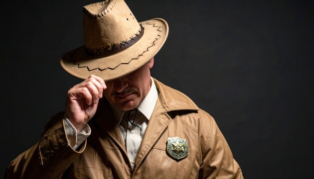 Man in a rustic cowboy hat and leather jacket, with a sheriff badge, tipping his hat down, partially obscuring his face on a dark background.