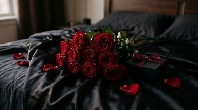 Romantic arrangement of red roses resting on black satin fabric bed linen next to small gift box for special occasion.