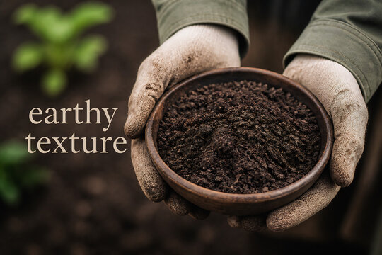 Hands holding a bowl of dark soil against a blurred outdoor background.