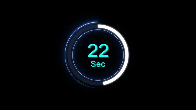 Digital countdown timer animation with 22 seconds display, futuristic hud interface for ui