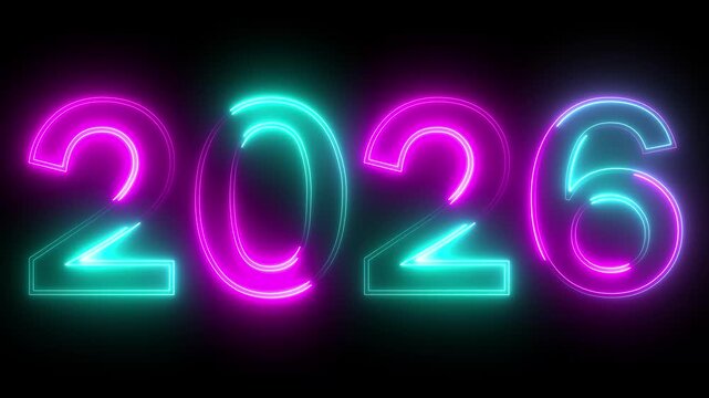 glowing neon pink and cyan color new year 2026 number text icon animation season digit celebrate banner event wishes party anniversary on black background