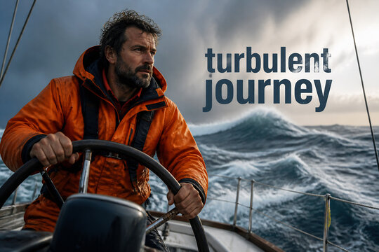 A rugged man steers a boat on rough, stormy seas under a dramatic sky.