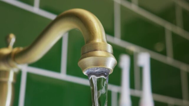 Water flowing from a vintage bronze faucet against a green tiled wall background. Concert - payment of utility bills for water, water consumption in the apartment, clean water from the tap. High quali