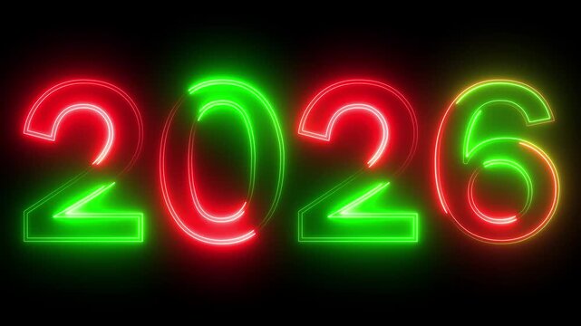 glowing neon red and green color new year 2026 number text icon animation season digit celebrate banner event wishes party anniversary on black background