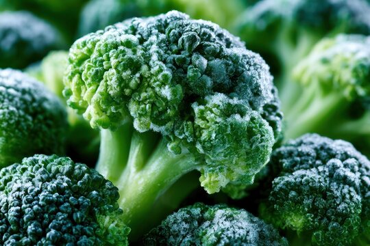 Frozen broccoli florets with frost texture
