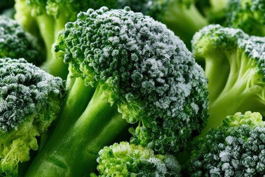 Frost-covered frozen broccoli texture