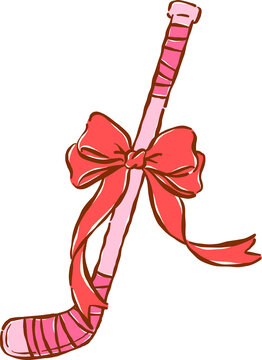 Pink Field Hockey Sticks with Red Bow Hand Drawn Whimsical Illustration