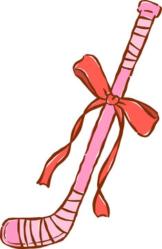 Pink Hockey Sticks with Red Ribbon Bow Hand Drawn Whimsical Illustration