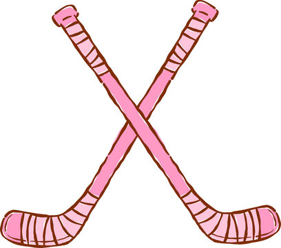 Crossed Pink Hockey Sticks Hand Drawn Whimsical Illustration