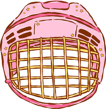 Pink Hockey Helmet with Net Hand Drawn Whimsical Illustration