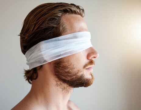 Person removing blindfold revealing bright light